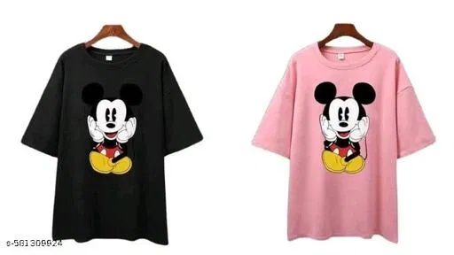 Polycotton Printed T-Shirt for Women, Pink & Black, Pack of 2 (XL)