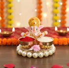 Metal Decorative Ganpati Haldi Kumkum Stand with 2 Roli Chawal Holder, Multicolor