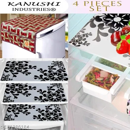 KANUSHI Industries® 1 Pc Fridge Cover for Top with 6 Utility Pockets + 3 Fridge Mats (FRI-RED-GOLDEN-LINE-TOP+M-2)