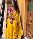 Georgette Applique Saree For Women, Yellow