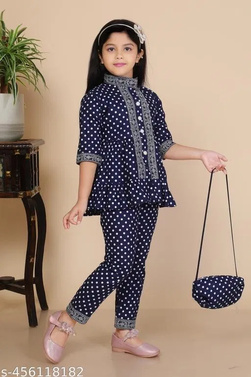 Embroidered Rayon Kurta Set for Girls (Blue, 6-7 Years)