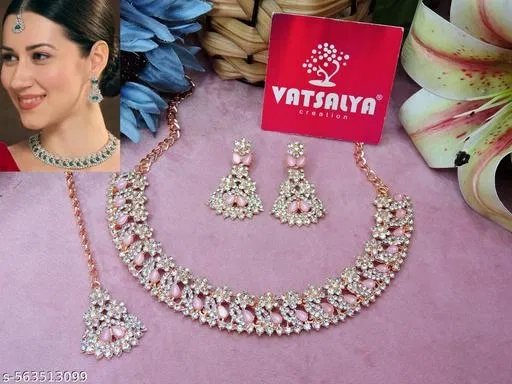 Rose Gold Finish AD Necklace for Women (Pink, Free Size)