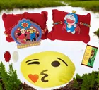 Synthetic 2 Pcs Rakhi with Smiley Pillow & Roli Greeting card 