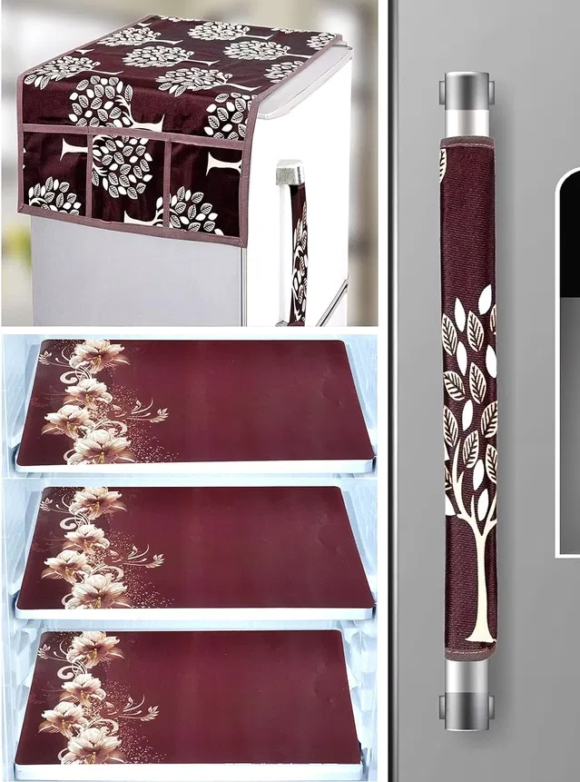 PVC Printed Fridge Top Cover with 3 Pcs Shelf Mats & Handle Cover (Multicolor, Set of 1)
