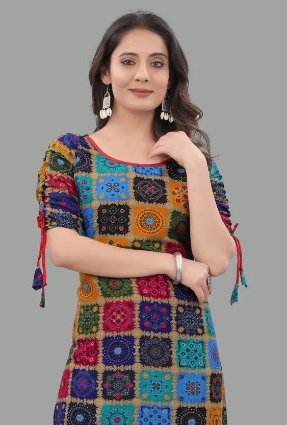Rayon Block Print Short Kurti for Women (Multicolor, S)