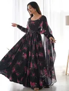 Crepe Printed Gown with Dupatta for Women (Black, S)