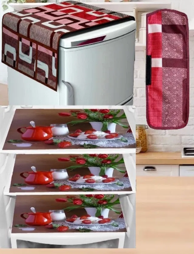 PVC Printed Fridge Top Cover with 3 Pcs Shelf Mats & Handle Cover (Multicolor, Set of 1)