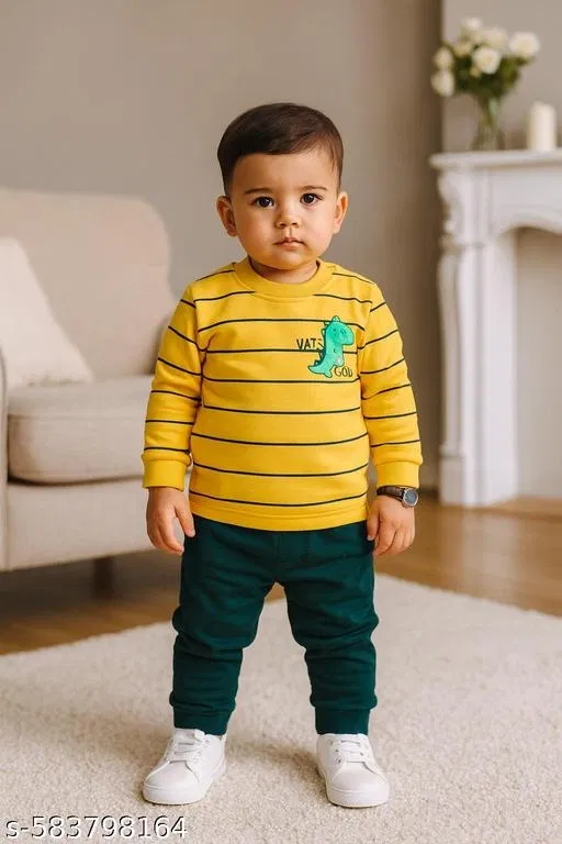 Hosiery Cotton Printed Clothing Set for Kids, Yellow & Green (7-8 Years)