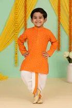 Cotton Blend Printed Kurta & Paints Set for Boys , Orange 