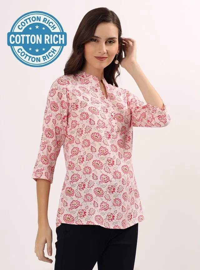 Womens Pink Floral Print short Kurti (Pink M)