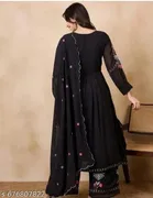 Georgette Embroidered Kurta & Paint & Dupatta Set For Womens, Black 
