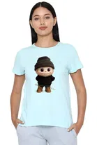Cotton Blend Printed T-shirt for Women, Aqua Blue 