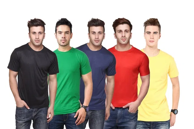 Round Neck Solid Polyester T-shirts for Men, Pack of 5 (Multi, L)