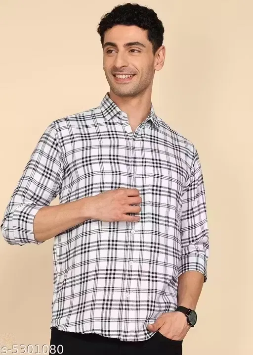 Check Printed Shirt For Men, White & Grey (M)
