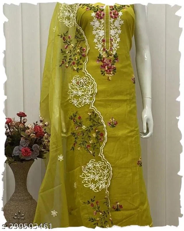 Embroidered Unstitched Suit for Women (Olive, 2.25 m)