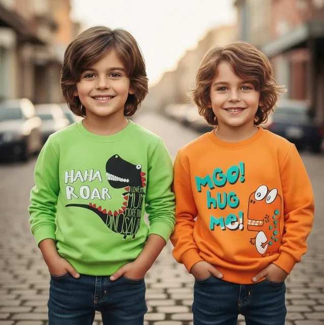 Round Neck Printed Wool Sweat Shirt For Boys, Multicolour (9-10 Years) ,Pack Of 2
