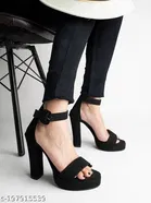 Shoetopia Black Suede Block Heel Open Toe Mid-Top Sandals 