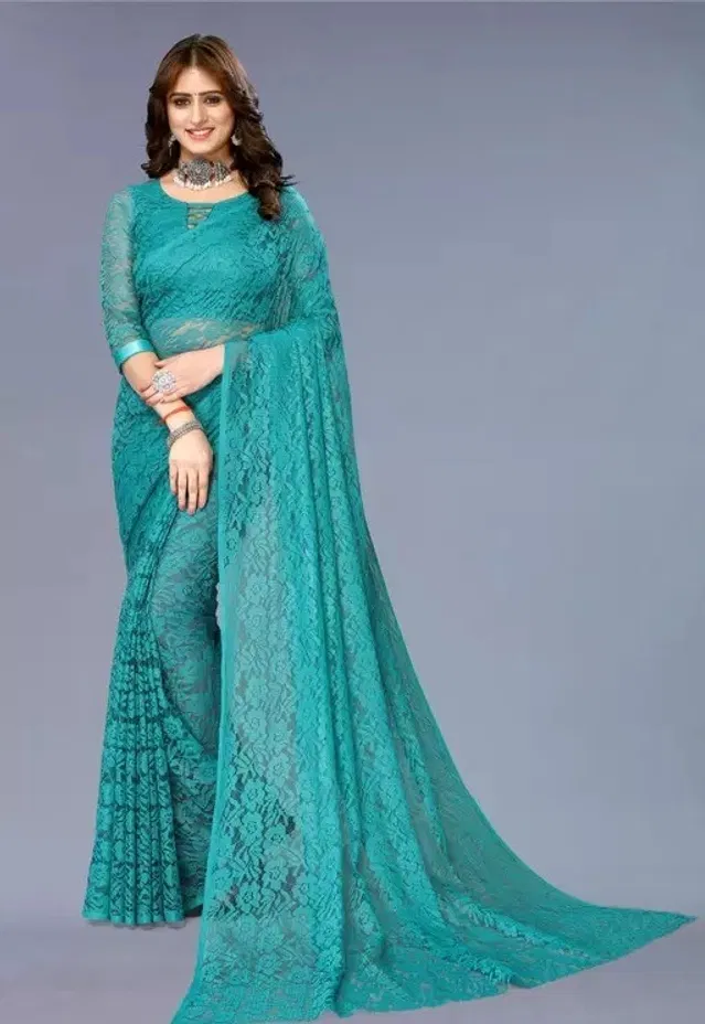 Net Floral Saree for Women (Teal, 6.3 m)