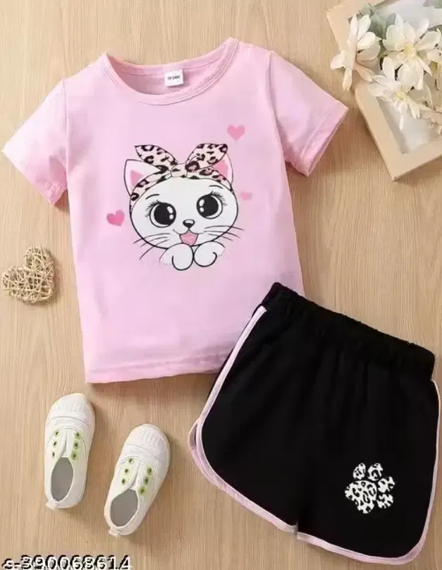 Chest Print Cotton Clothing Set for Girls, Pink and Black (6-12 Months)