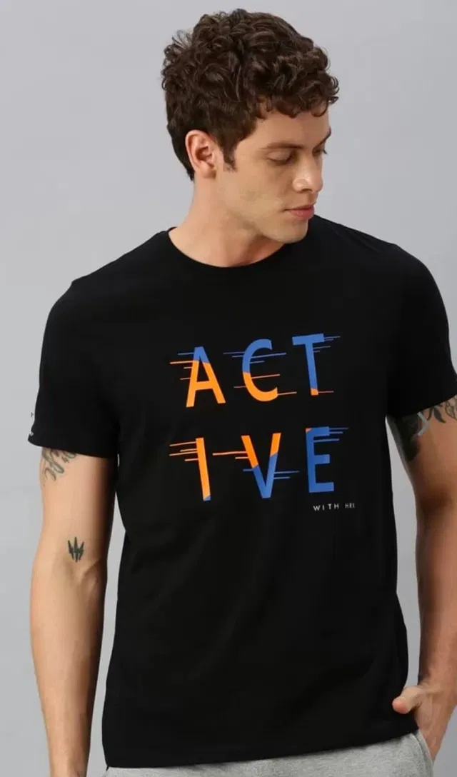 Round Neck Printed T-Shirt for Men (Black, L)