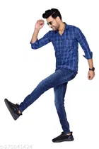 Cotton Blend Checked Shirt for Men, Blue 