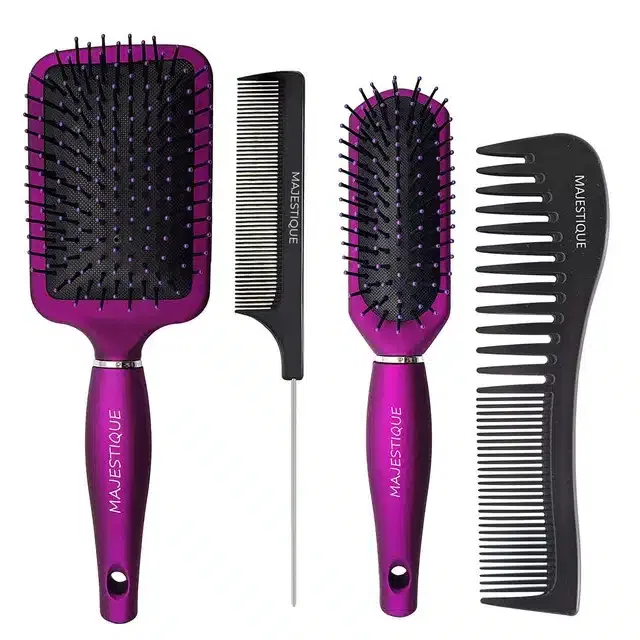 Majestique Hair Brush Set-Paddle Brush Detangler, Styling Brush, Tail Comb Women & Men (Combo of 4) (B-47)