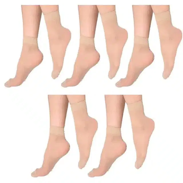 Cotton Blend Ultra Thin Socks for Women (Beige, Pack of 5)