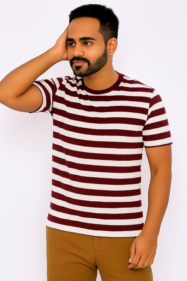 Cotton Stripes T-shirt for Men, Maroon (XXL)