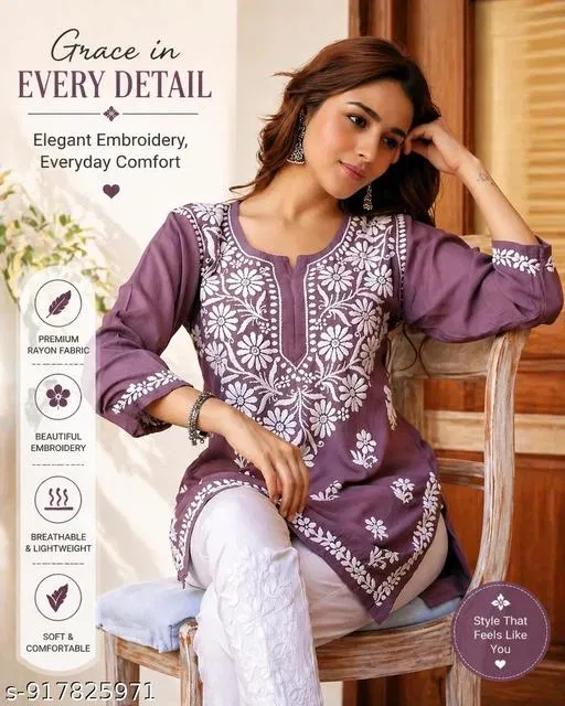 Chikankari Embroidered Short Kurti for Daily/Office Wear for Women (Purple, S)