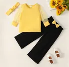 Cotton Blend Solid Dungaree Clothing Set with Hairband for Girls (Yellow & Black, 0-1 Years)