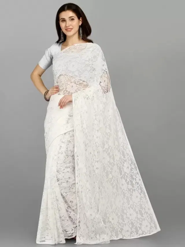 Net Floral Saree for Women (White , 6.3 m)