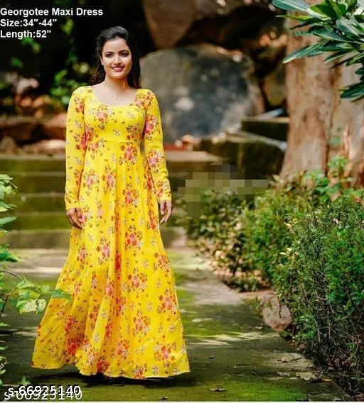 Georgette Dress for Women (Yellow, XXL)