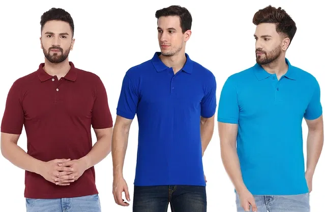 Polo Solid T-shirts for Men, Pack of 3 (Multicolor, L)