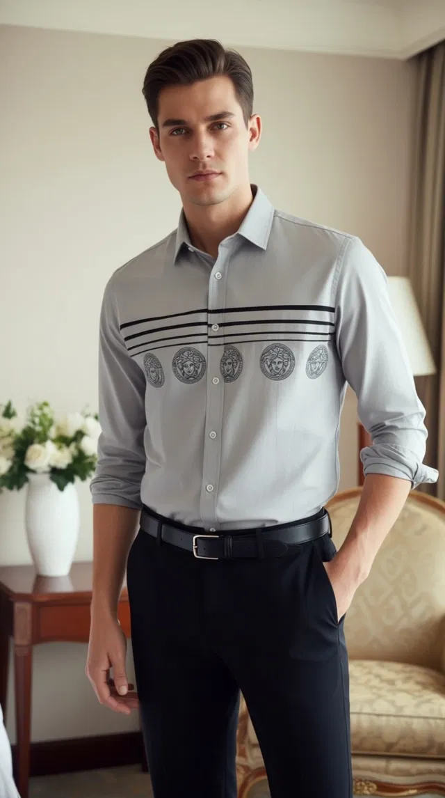 Full Sleeves Printed Shirt  For Men, Grey (XXL)