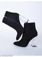 Shoetopia Solid Suede Block Heeled Boots Black 