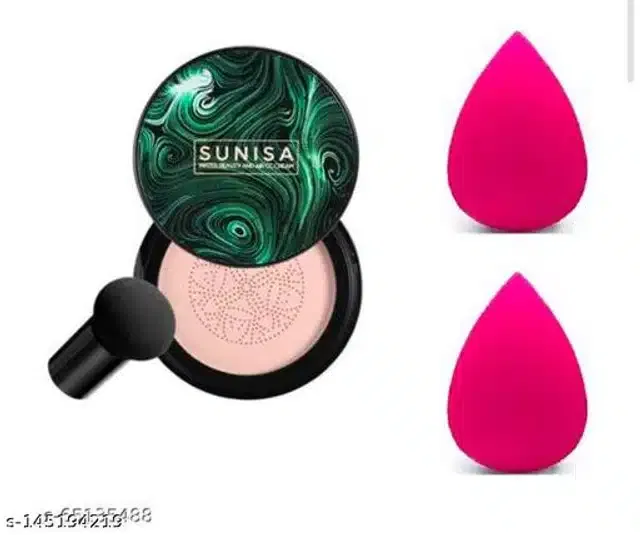 Sunisa Liquid Foundation with Mushroom Puff & 2 Pcs Makeup Blenders (Pink, Set of 2)
