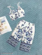 Rayon Slub Printed Clothing Set for Girls, White & Blue, Pack of 1 