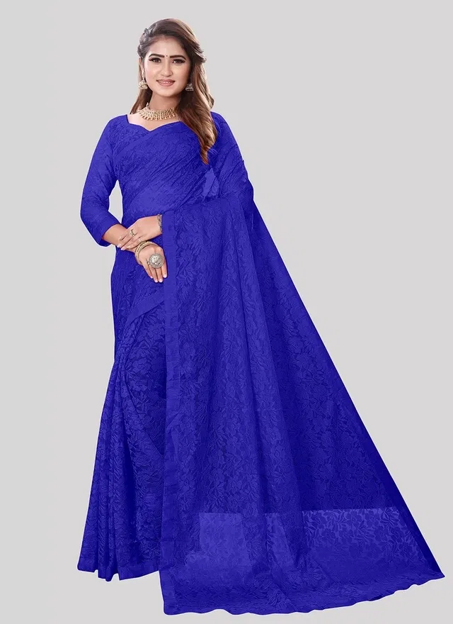 Net Floral Saree for Women (Blue, 6.3 m)