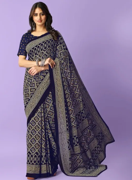 Georgette Bandhani Saree for Women, Navy Blue (6.3 m)
