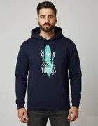 Fleece Printed Hoodie for Men, Navy Blue 