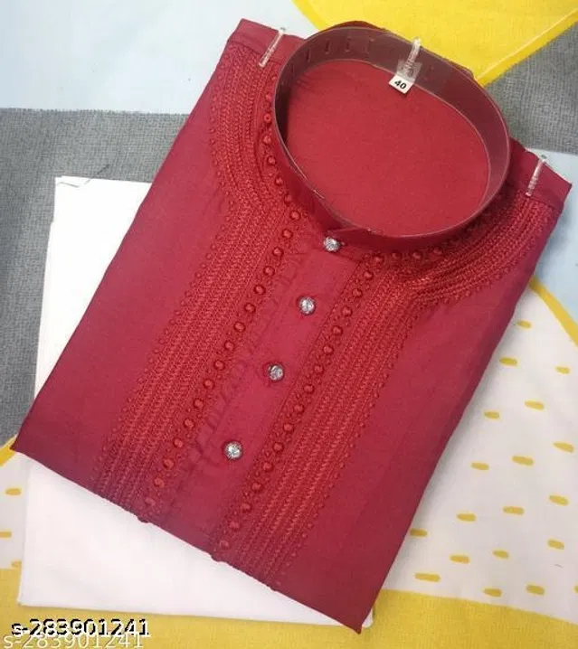 Cotton Embroidered Kurta with Pyjama for Men (Maroon & White, L)