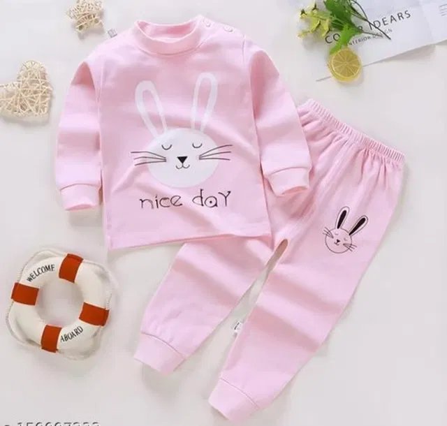 Hosiery Printed Clothing Set for Kids (Pink, 1-2 Years)