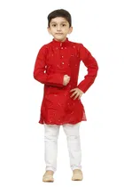Cotton Blend Embroidery Kurta with Payjama for Boys, Red & White 