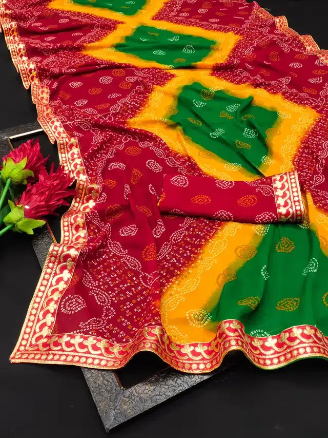 Georgette Printed Saree for Women (Red, 6.3 m)
