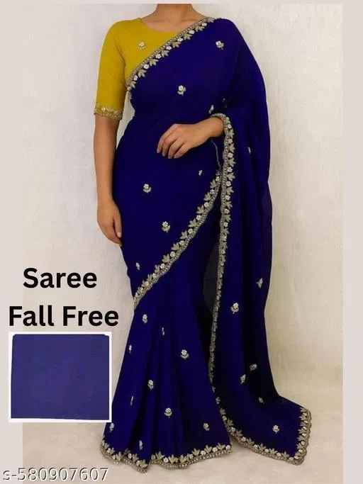 Chinnon Solid Saree for Women, Blue (6.3 m)