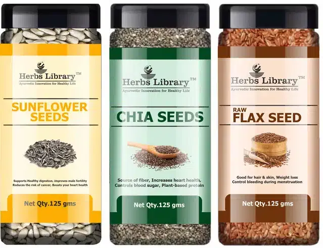 Herbs Library Sunflower Seeds, Chia Seeds and Raw Flax Seeds (Pack of 3, 125 g)