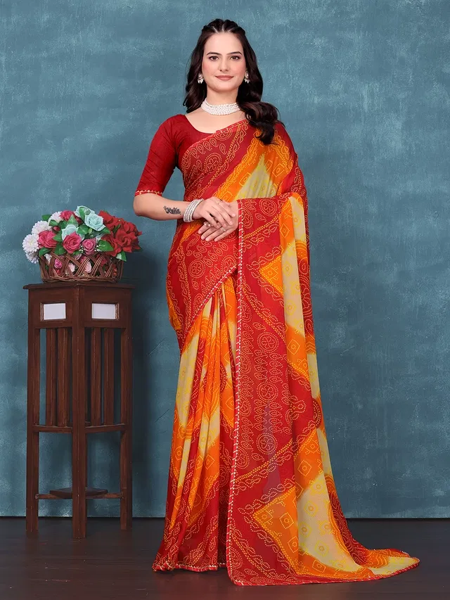 Georgette Printed Saree for Women (Red, 6.3 m)
