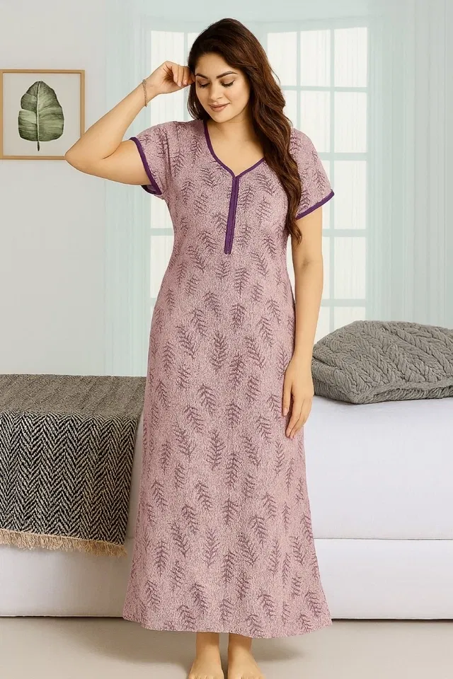 Sarina Printed Nightdress for Women (Beige, M)