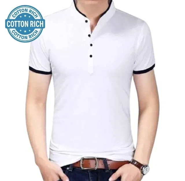 Cotton Blend Mandarin Collar Solid T-Shirt for Men (White, L)