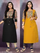 Solid Tassels and Latkans Cotton Blend A-line Kurti for Women, Pack of 2 